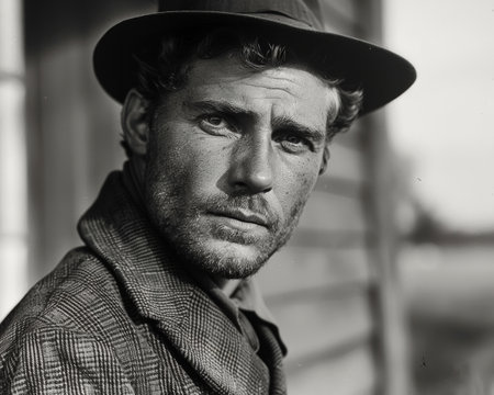 Portrait of a handsome man in a hat. Black and white photo.の素材