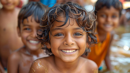 Cute Indian kid in the swimming pool on a hot summer dayの素材
