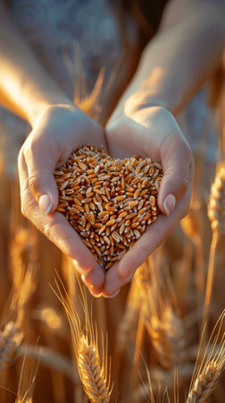 Female hands holding a handful of wheat grains in the field, closeupの素材