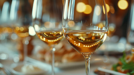 Glasses of white wine on table in restaurant, closeup viewの素材