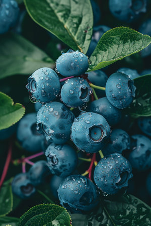 Bunch of fresh ripe blueberries with water drops on green leaves.の素材