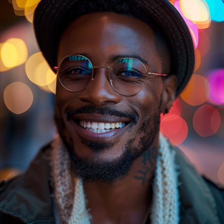 Close up portrait of a smiling African American man wearing hat and glasses.の素材