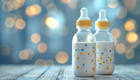 Baby bottle with milk on bokeh background. 3d renderingの素材