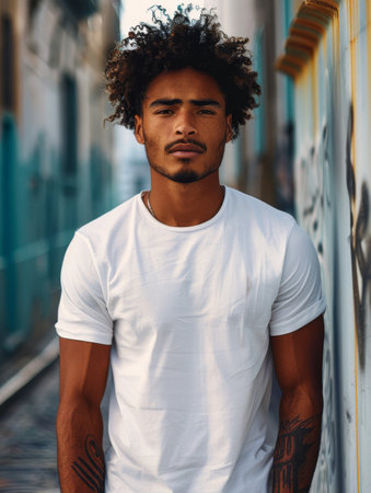 Handsome african american man with curly hair, wearing white t-shirt, looking at camera.の素材