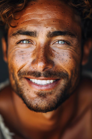 Close up portrait of a handsome young man with freckles.の素材