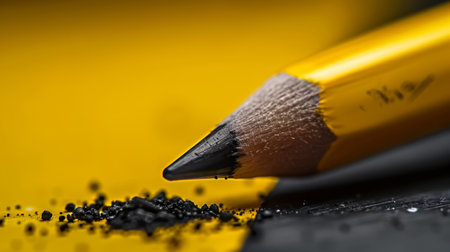 Close up of a black pencil and a black powder on a yellow backgroundの素材
