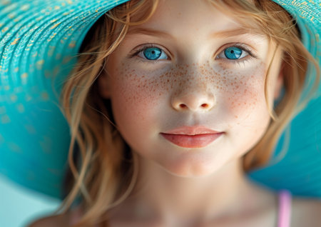 Portrait of a beautiful little girl with blue eyes in a straw hatの素材