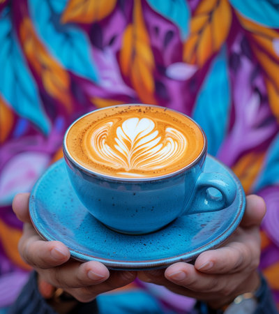 Coffee cup with latte art on the colorful background.の素材