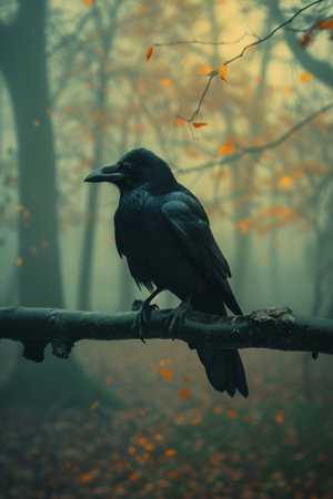 Black crow sitting on a branch in a foggy autumn forest.の素材
