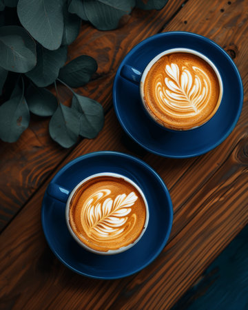 Two cups of coffee with latte art on wooden table, top viewの素材