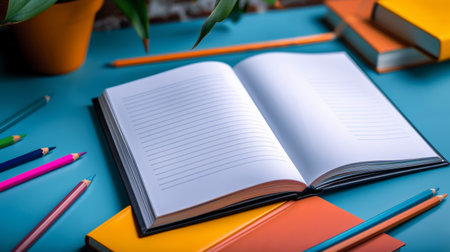 Notebook and pencils on blue background. Back to school concept.の素材