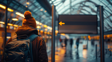 Handsome young man in warm clothes walking in the train stationの素材