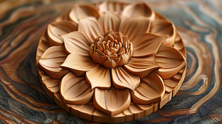 Wooden carved flower on a wooden background. Close-up.の素材