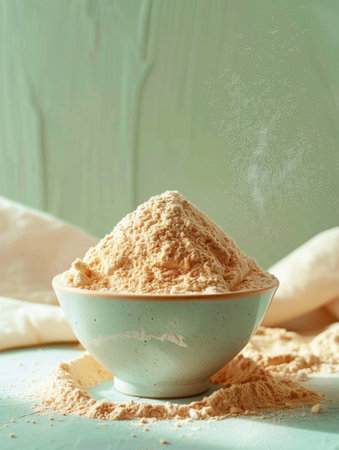 Wheat flour in a bowl on a turquoise background.の素材