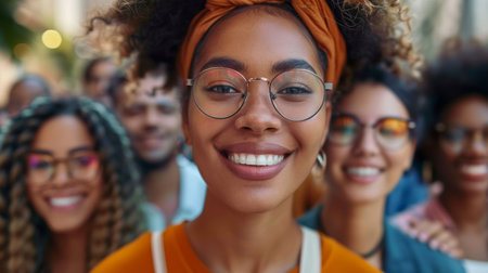 Portrait of smiling African American woman with friends on backgroundの素材
