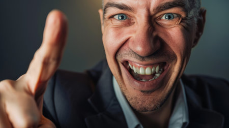 Close up portrait of happy smiling mature businessman showing thumbs up. Success conceptの素材