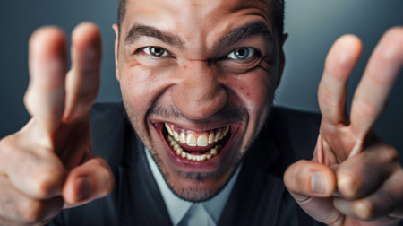 Closeup portrait of a man with a funny face in a suit showing two fingersの素材