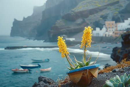 Beautiful flowers in pots on the background of the sea and mountainsの素材