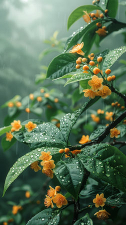 Beautiful yellow flowers with rain drops on green leaves background, Thailand.の素材