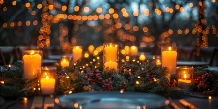 Christmas table setting with burning candles and bokeh lights on backgroundの素材