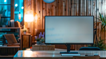 Blank screen computer monitor on wooden desk in modern office at nightの素材