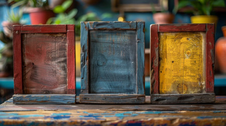 Vintage photo frames on old wooden table in coffee shop with copy spaceの素材