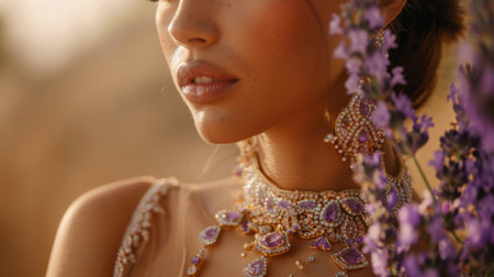 Close-up portrait of beautiful young woman in golden dress with purple flowers.の素材
