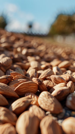 Almond nuts on the field in the sun. Close-upの素材