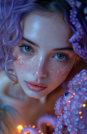 Close-up portrait of a beautiful young woman with pink hair and blue eyes. Portrait of a girl in the sea.の素材