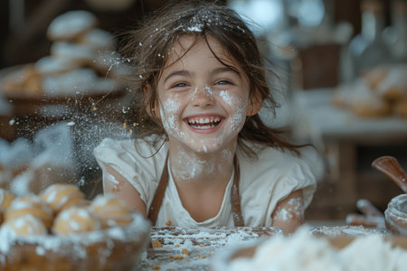 Cute little girl having fun while baking in the kitchen at homeの素材
