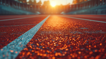 Athletics track with red and blue lines at sunset.の素材