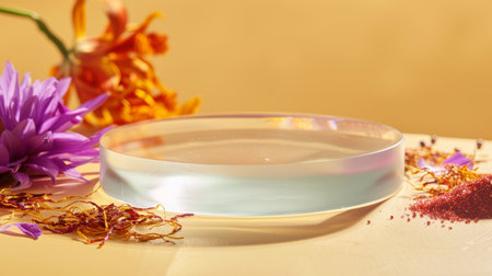 Petri dish with saffron petals and flowers on tableの素材