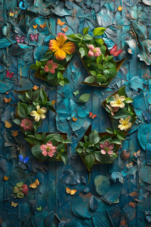 flowers on blue wooden wall, top view. creative photo.の素材