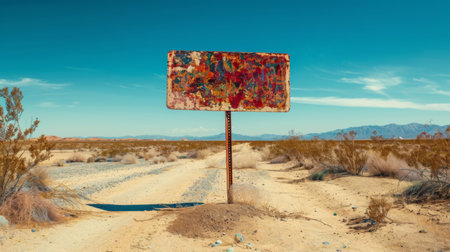 Old rusty road sign in the middle of the desert with blue skyの素材