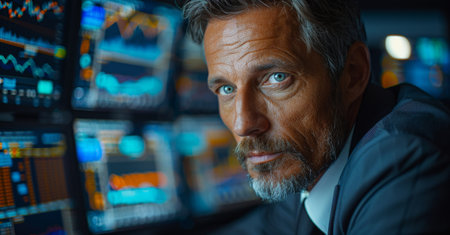 Portrait of mature businessman looking at camera while working in office at nightの素材