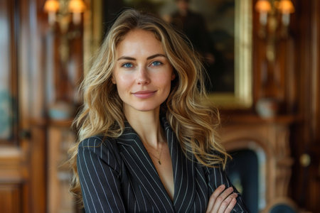 Portrait of a beautiful young woman in a business suit in a cafe.の素材