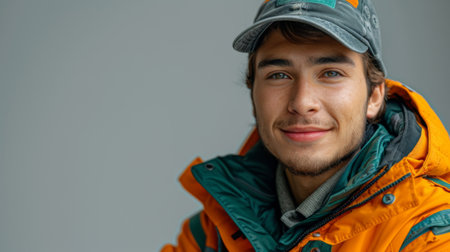 Close-up portrait of a young man in an orange jacket and cap.の素材