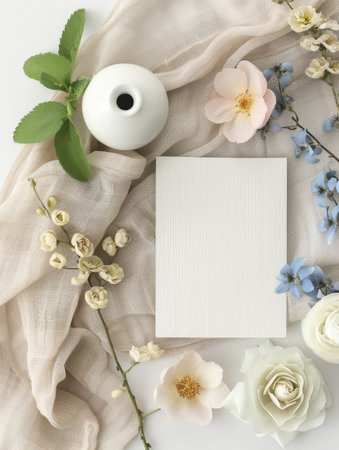Flowers composition. Frame made of white flowers and empty card. Flat lay, top view, copy spaceの素材