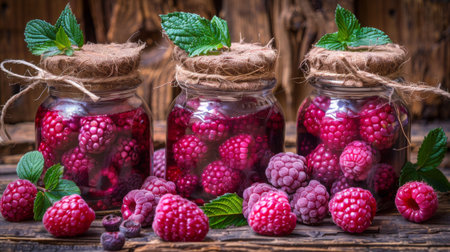 Raspberry jam in glass jars on a wooden background. Selective focus.の素材