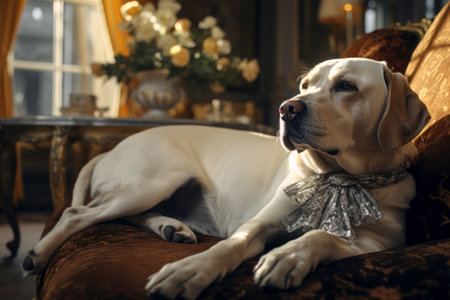 Labrador Retriever with bow tie lying on sofa at home.の素材