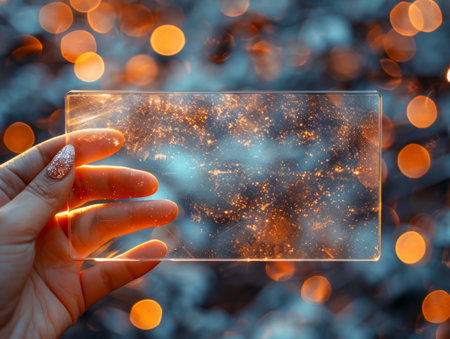 Female hand holding a smartphone with bokeh lights in the backgroundの素材
