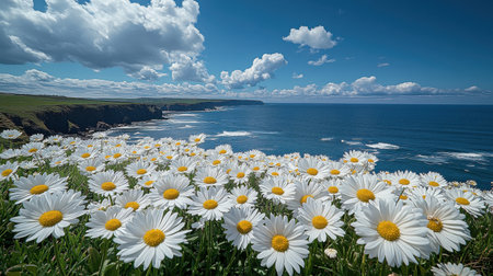 Bright white daisies bloom along a scenic cliffside overlooking the ocean under a blue sky filled with fluffy clouds in a coastal landscape during daylight hoursの素材