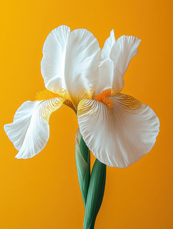 Beautiful white iris flower stands elegantly against a vibrant yellow background showing delicate petals and fresh green leavesの素材