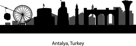 Antalya, Turkey skyline silhouette in black and white vector illustration file.のイラスト素材