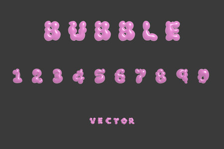 3D bubble font alphabet numbers in y2k style. Pink inflated type text isolated on dark gray background. Vector realisticのイラスト素材