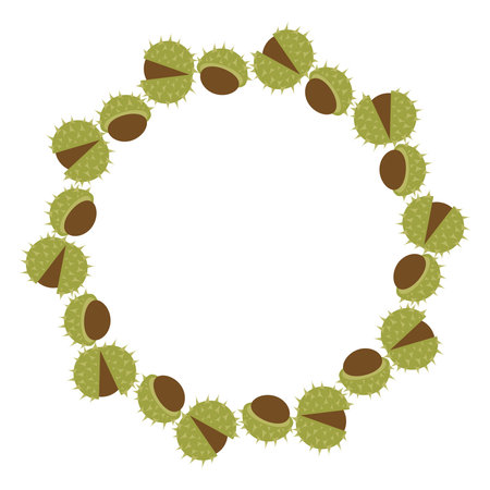 Autumn harvest flat vector frame with chestnuts for fall designs. Hand drawn illustration for banners, cards, social media. Vector illustrationのイラスト素材