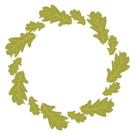 Fall season flat frame with big and small green leaves in modern vector style. Hand drawn set for banners, cards, social media. Vector illustrationのイラスト素材