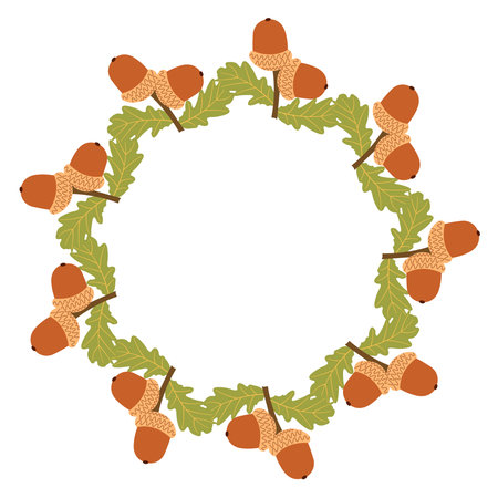 Fall season flat frame with acorns and green leaves in modern vector style. Hand drawn set for banners, cards, social media. Vector illustrationのイラスト素材