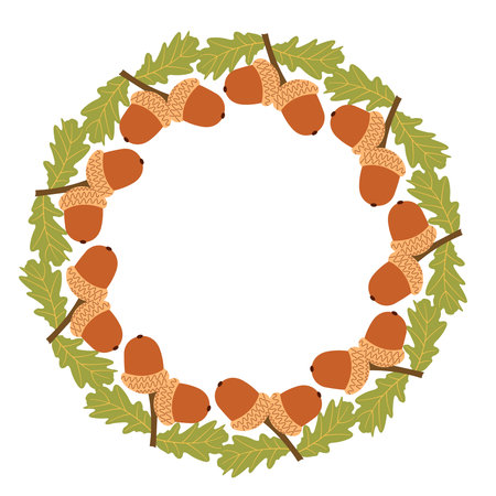 Autumn nature flat frame with acorns and green leaves for seasonal projects. Hand drawn vector illustration for banners, cards, social media. Vector illustrationのイラスト素材