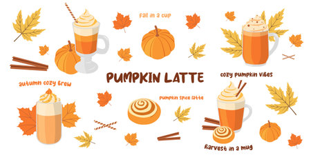 Autumn themed flat vector set with pumpkin spice latte, leaves, cinnamon rolls, waffle cones, pumpkin and fall quotes. Hand drawn illustration for banners and social mediaのイラスト素材